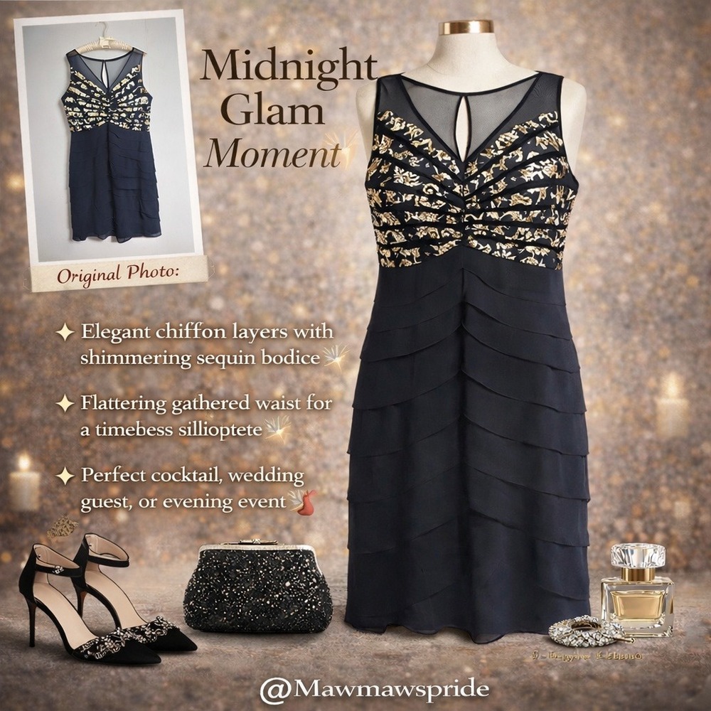 MIDNIGHT GLAM Tiered Chiffon Cocktail‎ Dress Sheer Mesh Neckline Sleeveless 16